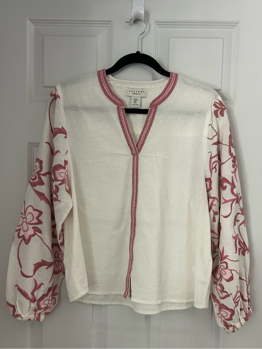 Calypso St. Barth Cream Tunic with Pink Embroidered Floral Sleeves